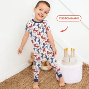 Custom Name Chinoiserie Horses Bamboo Two Piece Short Sleeve Pajama Set