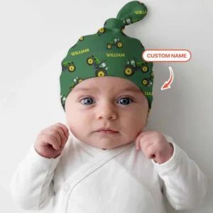 Custom Name Green Tractors Matching Daddy & Me Bamboo Knotted Hat