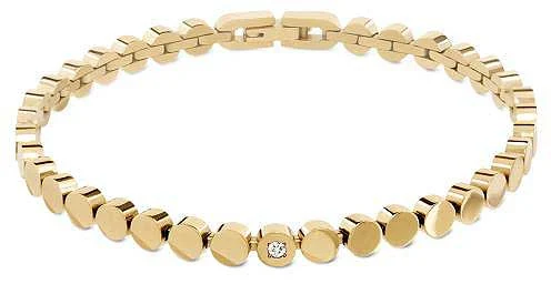 Goldfarbenes Gliederarmband mit runden Plättchen und kleinem funkelnden Stein