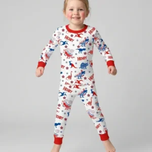 Custom Name Patriotic Dinosaur Bamboo Two Piece Long Sleeve Pajama Set