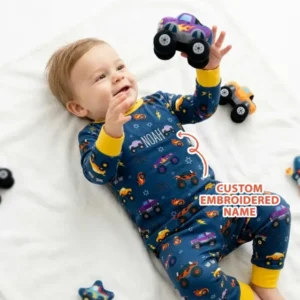 Custom Name Embroidered Crazy Truck Bamboo Two Piece Long Sleeve Pajama Set