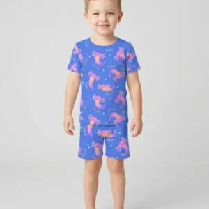 Axolotl Glow Custom Name Bamboo Two Piece Short Sleeve Shorts Pajama Set