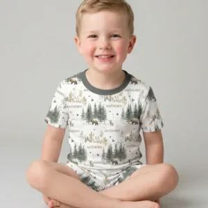 Custom Name Forest Bear Deer Bamboo Two Piece Short Sleeve Shorts Pajama Set