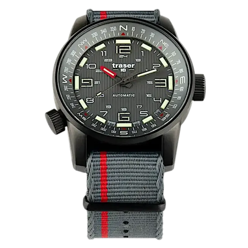 Traser Herrenuhr: schwarzes Zifferblatt, Leuchtindizes, graues Stoffarmband mit rotem Streifen