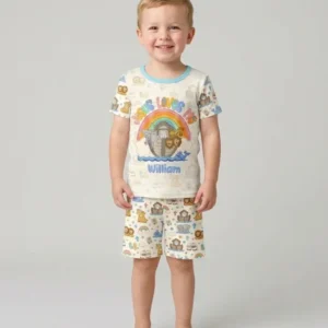 Custom Name Noah's Ark Jesus Loves Me Bamboo Two Piece Short Sleeve Shorts Pajama Set
