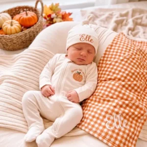 Personalized Pumpkin Gingham Appliqué Embroidered Bamboo Zipper Footie