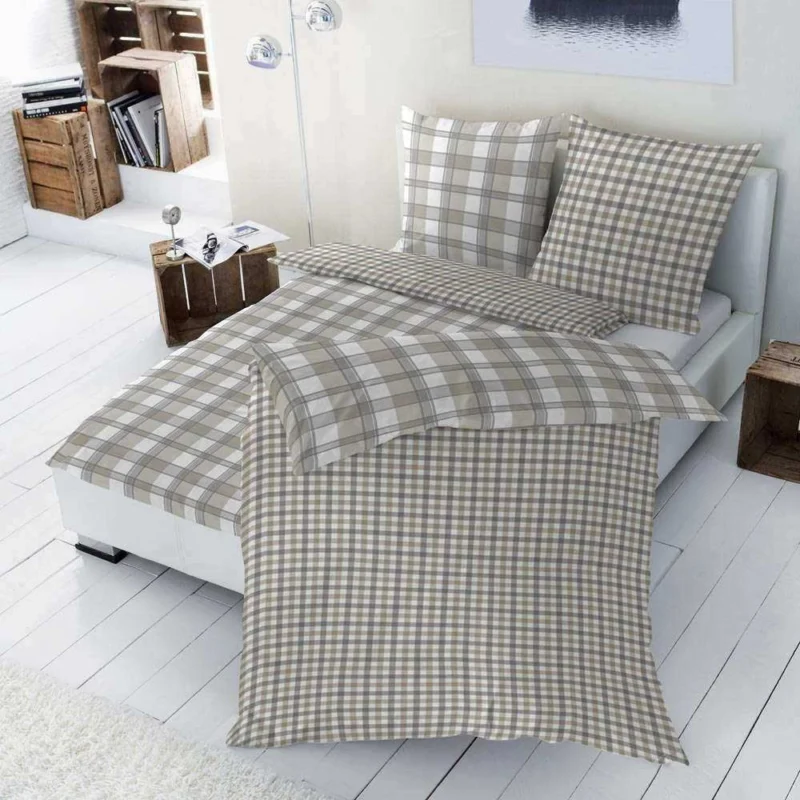 Renforcé Bettwäsche Weiß Beige Kariert 155x220 cm + 80x80 cm