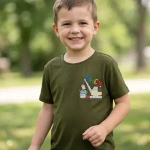 Custom Name Little Builder Back to School Embroidered Bamboo Crewneck T-Shirt