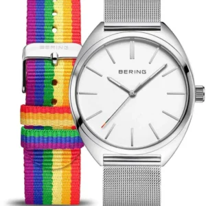 Bering Uhr mit silbernem Gehäuse, weißem Zifferblatt und buntem Textilband