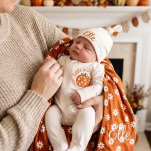 Personalized Daisy Pumpkin Appliqué Embroidered Bamboo Zipper Footie