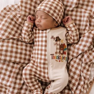 My First Thanksgiving Turkey Embroidered Bamboo Zipper Footie