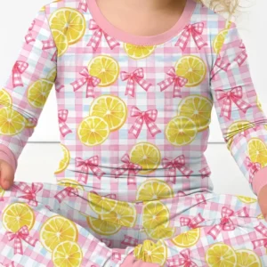 Pink Lemons Bows Checkered Bamboo Two Piece Long Sleeve Pajama Set