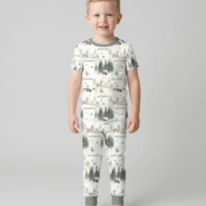 Custom Name Forest Bear Deer Bamboo Two Piece Short Sleeve Pajama Set