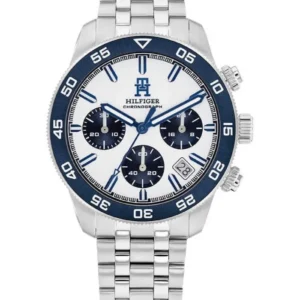 Tommy Hilfiger Herrenuhr mit Edelstahlarmband, blau-weißem Zifferblatt und Chrono-Design
