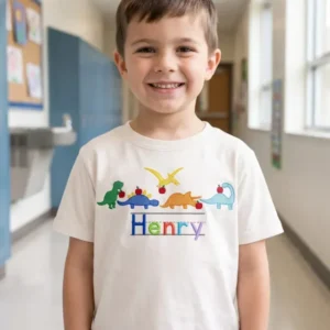 Custom Name Dino's First Day Embroidered Bamboo Crewneck T-Shirt