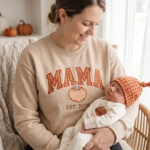 Mama Pumpkin Applique Embroidered Bamboo Women Crewneck Sweatshirt