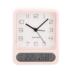 Rosa Wecker mit analoger Uhr, digitaler Anzeige für Temperatur und Luftfeuchte