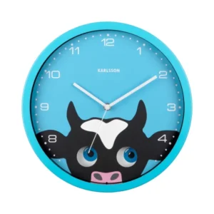 Blaue Wanduhr mit Kuhmotiv, beweglichen Augen, runder Rahmen, Ziffern und Zeiger