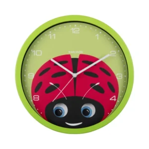 Grüne runde Wanduhr mit Marienkäfer-Motiv, Ziffern und großen Augen