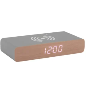 Flacher LED-Wecker mit Holzfront, Anzeige 12:00 und WLAN-Symbol auf der Oberseite