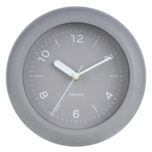 Wanduhr mit rundem warmgrauem Rahmen, warmgrauem Zifferblatt und weißen Zeigern