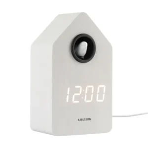 LED-Kuckucks-Wecker im Holzhaus-Design, weiß, Display 12:00, Kuckucksöffnung