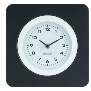 Schwarze Karlsson Wanduhr mit rundem Zifferblatt, goldenen Zeigern und arabischen Zahlen