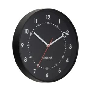 Schwarze Wanduhr mit weißen Ziffern, punktierten Minutenmarkierungen und rotem Zeiger