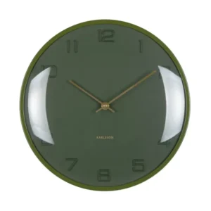 Grüne Wanduhr mit goldenen Zeigern und runder Ziffernanzeige