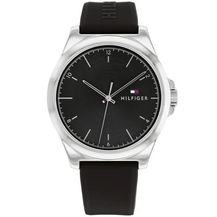 Tommy Hilfiger Herrenarmbanduhr mit schwarzem Silikonarmband, schwarzem Zifferblatt und silbernem Gehäuse