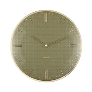 Runde Wanduhr mit grünem, geprägt gemustertem Zifferblatt, goldenen Zeigern und Indexen