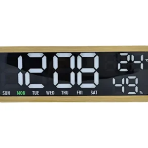 Digitaler LED-Wecker mit Holzrahmen, großes LED-Display, zeigt Uhrzeit und Datum, 19:06.