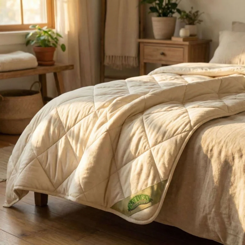 Natura Organic Duvet in white organic cotton shell styled on a bed