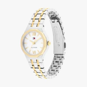 Damen-Armbanduhr mit weißem Zifferblatt und silber-goldfarbenem Metallarmband