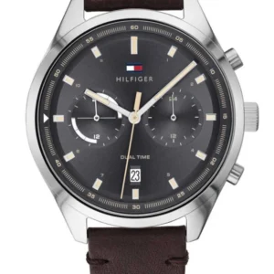 Tommy Hilfiger Herrenarmbanduhr mit dunkelbraunem Lederarmband und schwarzem Zifferblatt