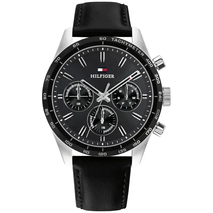 HILFIGER Quarzarmanduhr mit schwarzem Zifferblatt, Chronograph-Details und schwarzem Lederarmband