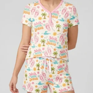 Groovy Summer Walk With Jesus Bamboo Women Short Sleeve Short Pajama Set