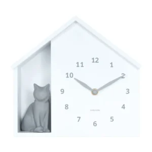 Wanduhr im Katzenhäuschen-Design, weiß, mit grauer sitzender Katze und Ziffernrad