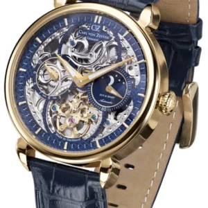 Herren-Automatik-Uhr mit goldenem Gehäuse, blauem Lederarmband und Skelettzifferblatt