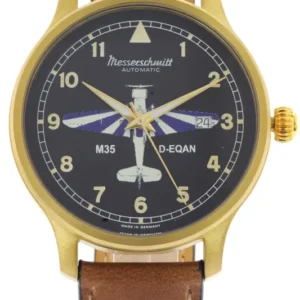 Herrenarmbanduhr Messerschmitt M35 mit braunem Lederband, goldfarbenem Gehäuse und schwarzem Zifferblatt