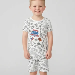 All Colorable Happy 250 America I love USA Bamboo Two Piece Short Sleeve Shorts Pajama Set