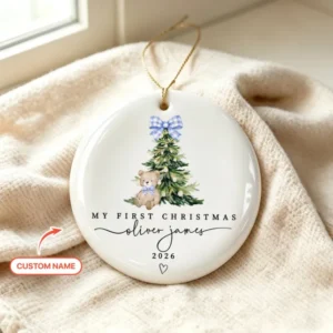 Custom Name First Christmas Teddy Bear Ceramic Ornament