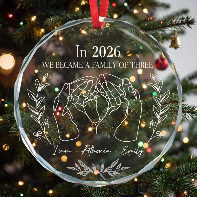 We Became A Family Of Three Glass Ornament