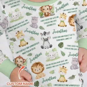 Custom Name Bible Verse Safari Animal Bamboo Two Piece Long Sleeve Pajama Set