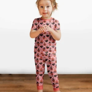 Retro Halloween Cats and Funny Pumpkins Bamboo Two Piece Short Sleeve Pajama Set
