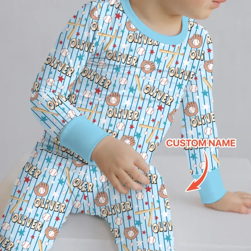 Custom name Little Baller Bamboo Two Piece Long Sleeve Pajama Set
