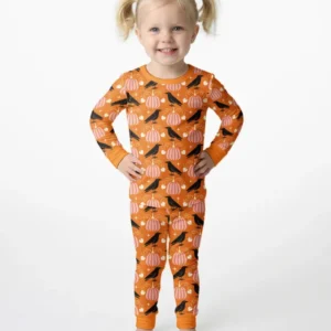 Ravens in a Pumpkin Patch - Orange Pink Bamboo Two Piece Long Sleeve Pajama Set