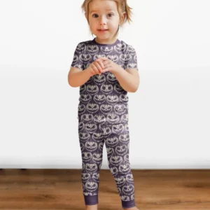 Retro Halloween Jack-O-Lantern Spooky Faces Bamboo Two Piece Short Sleeve Pajama Set