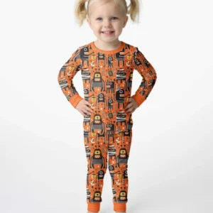 Mid Century Halloween Monster Toss Bamboo Two Piece Long Sleeve Pajama Set