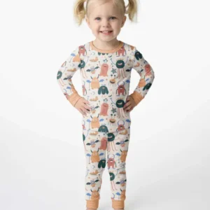 Monsters Fun Pastels Hand Painted Cute Bamboo Two Piece Long Sleeve Pajama Set